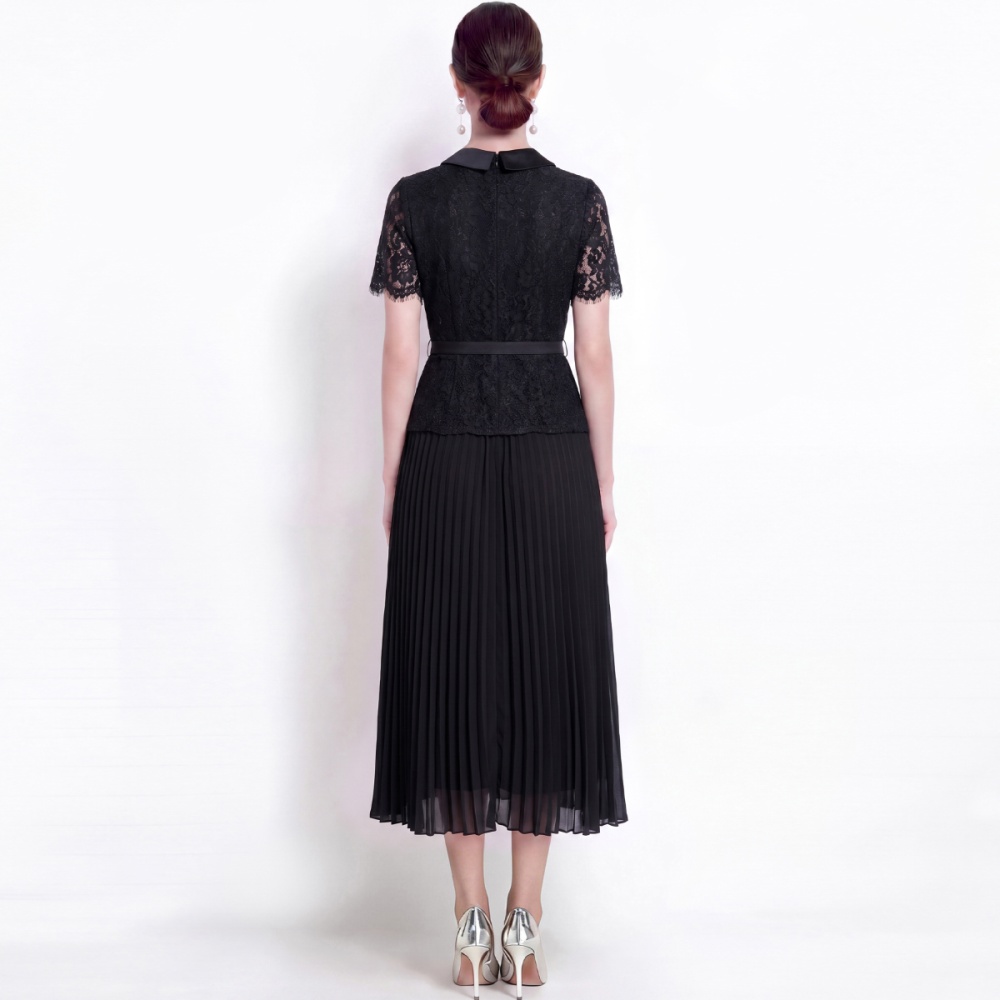 High waist long pleated lapel lace Pseudo-two dress