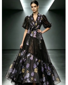 Splice lace dress France style printing long dress