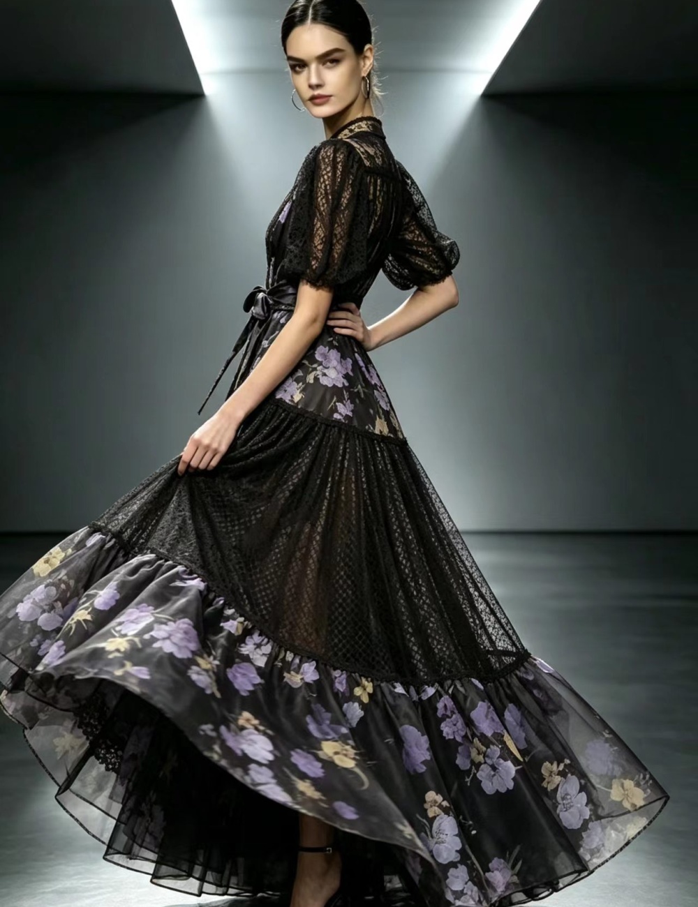 Splice lace dress France style printing long dress