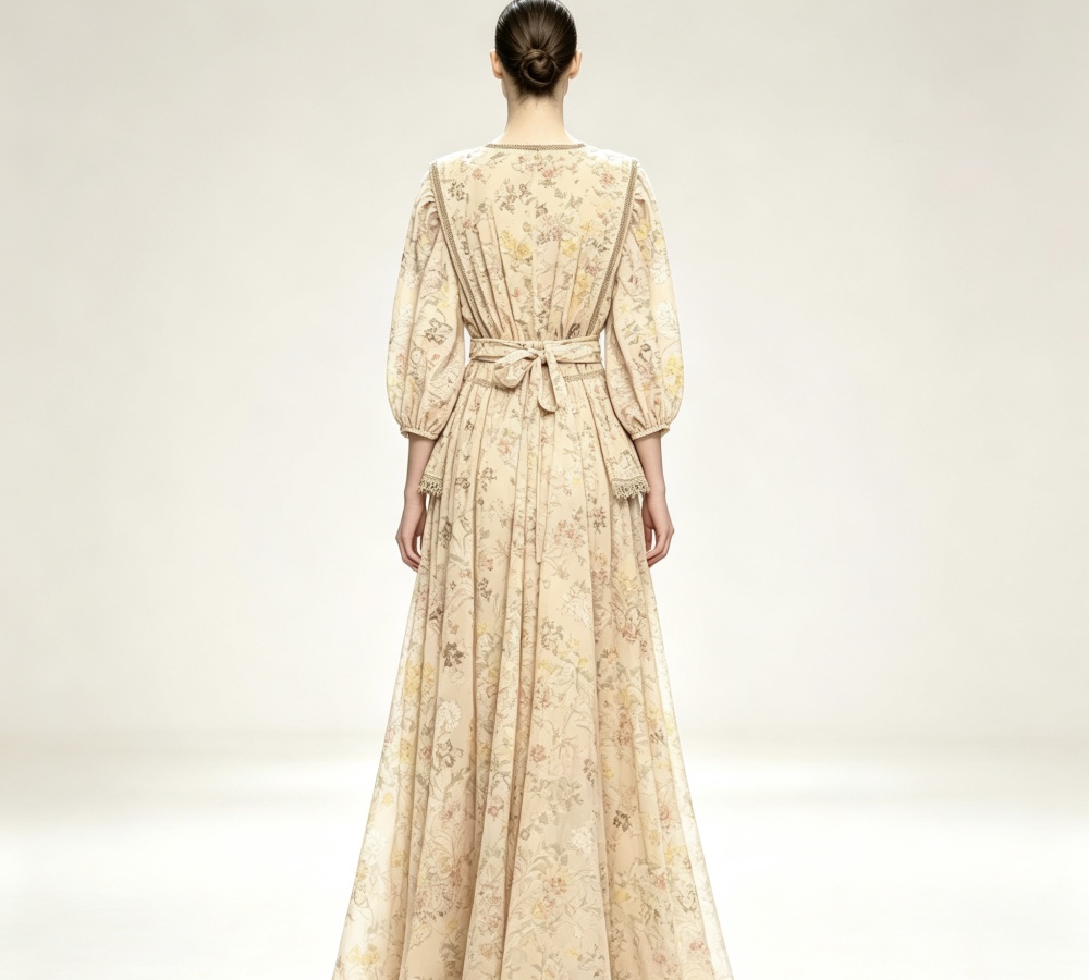 Lace splice V-neck lotus leaf edges printing dress