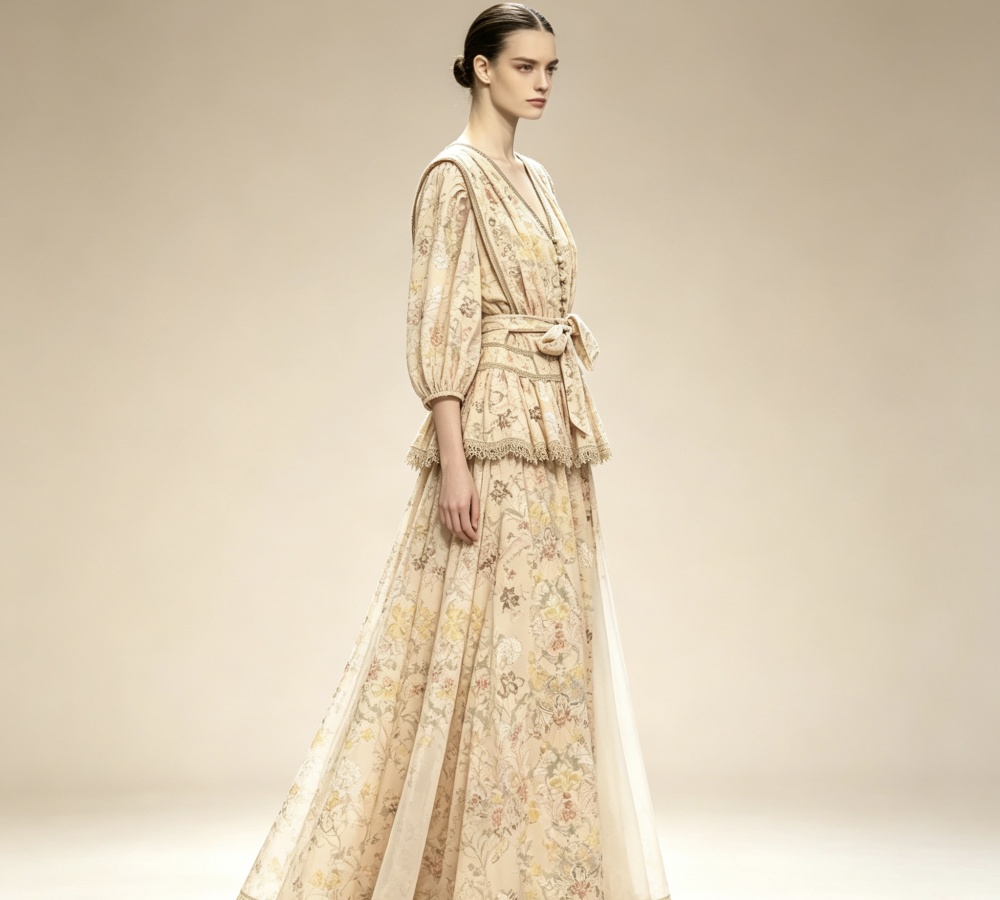 Lace splice V-neck lotus leaf edges printing dress