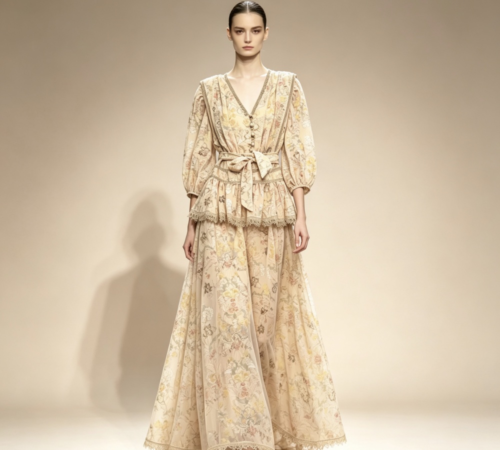 Lace splice V-neck lotus leaf edges printing dress