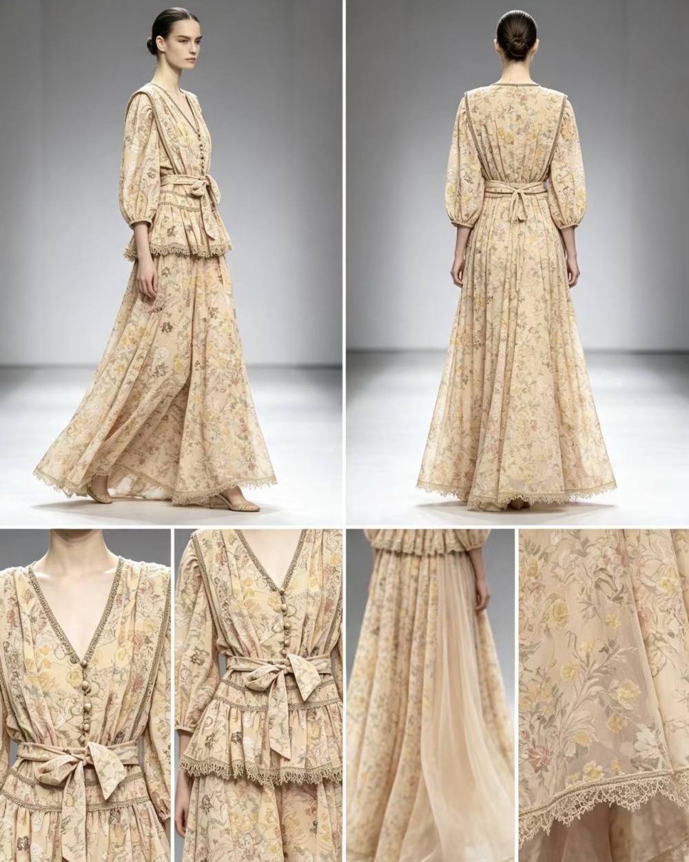 Lace splice V-neck lotus leaf edges printing dress