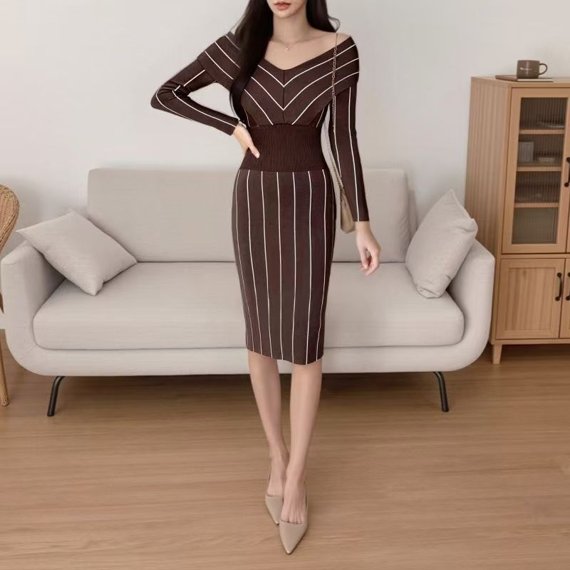 Slim long sleeve package hip red autumn and winter dress
