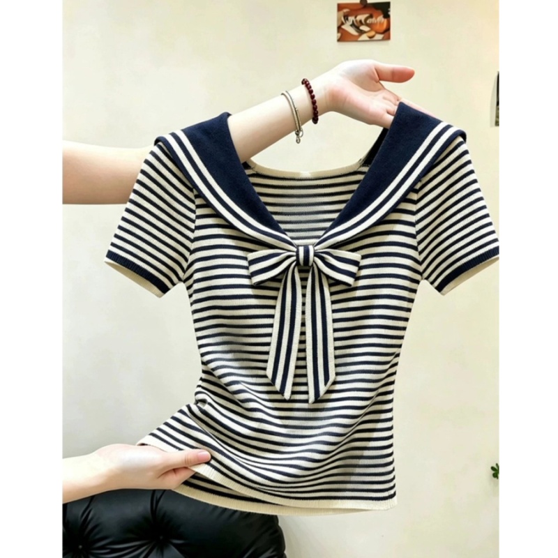 Show young summer T-shirt bow lapel tops for women