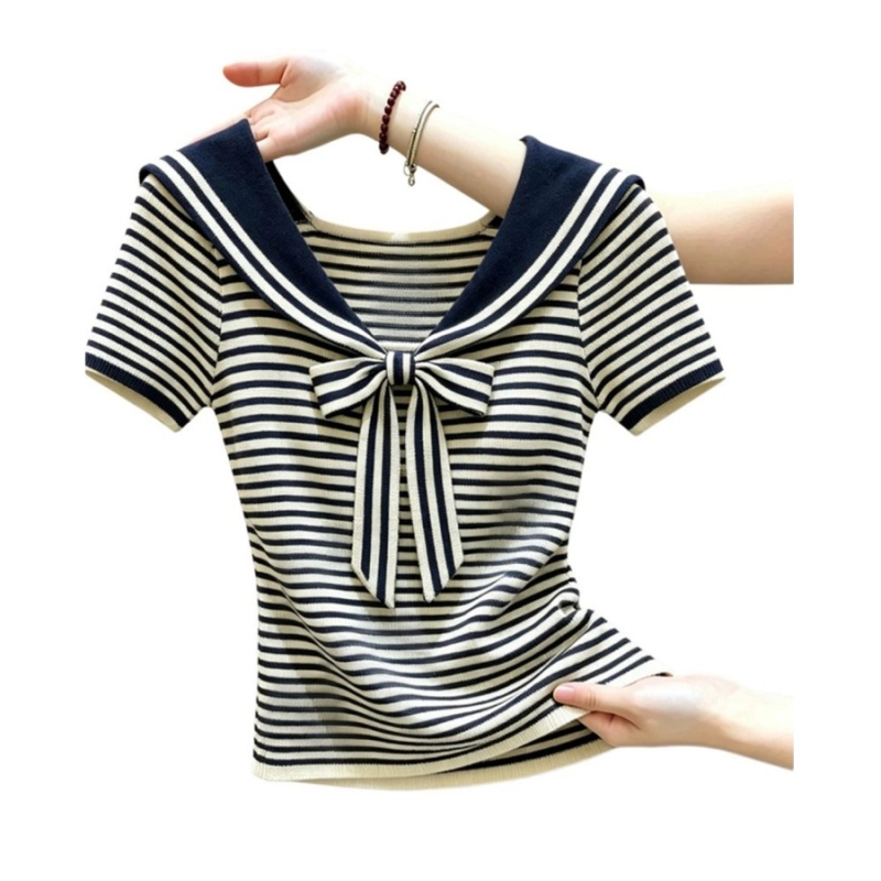 Show young summer T-shirt bow lapel tops for women