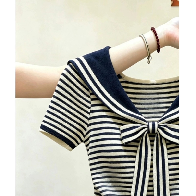 Show young summer T-shirt bow lapel tops for women