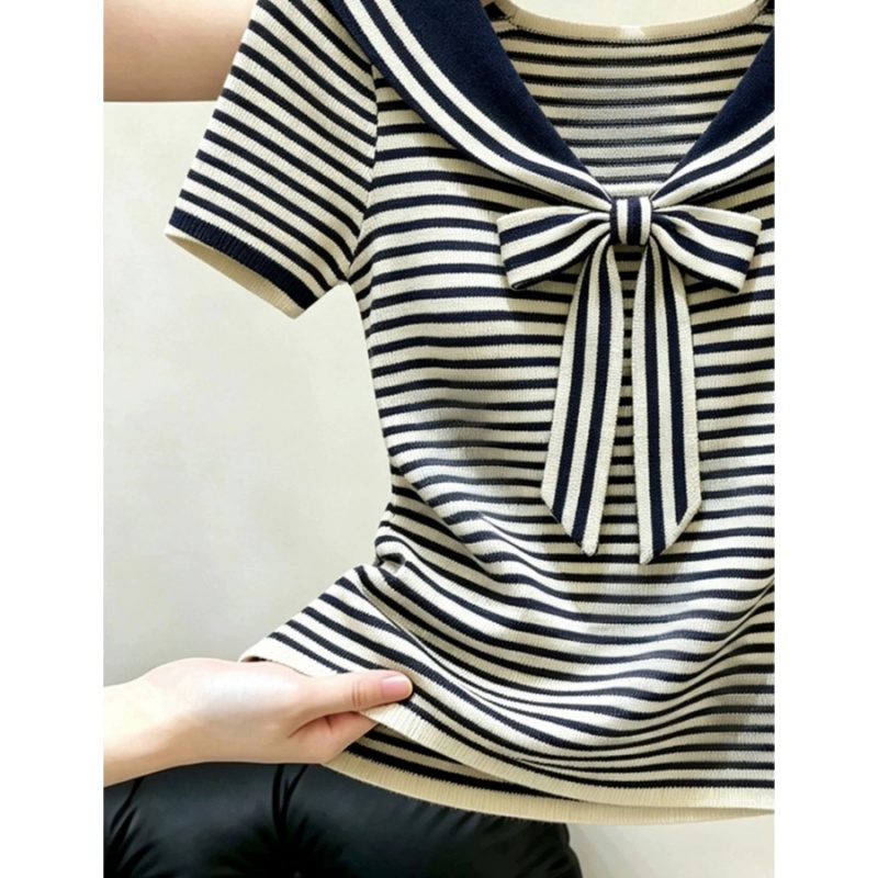 Show young summer T-shirt bow lapel tops for women