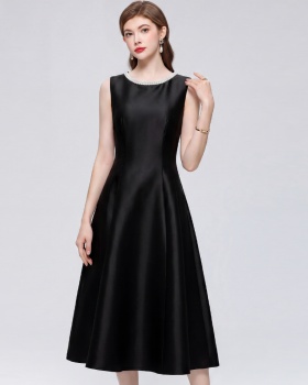 A-line high waist rhinestone slim satin simple dress