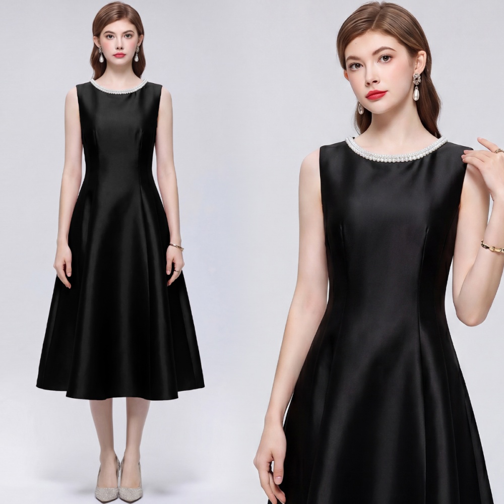 A-line high waist rhinestone slim satin simple dress