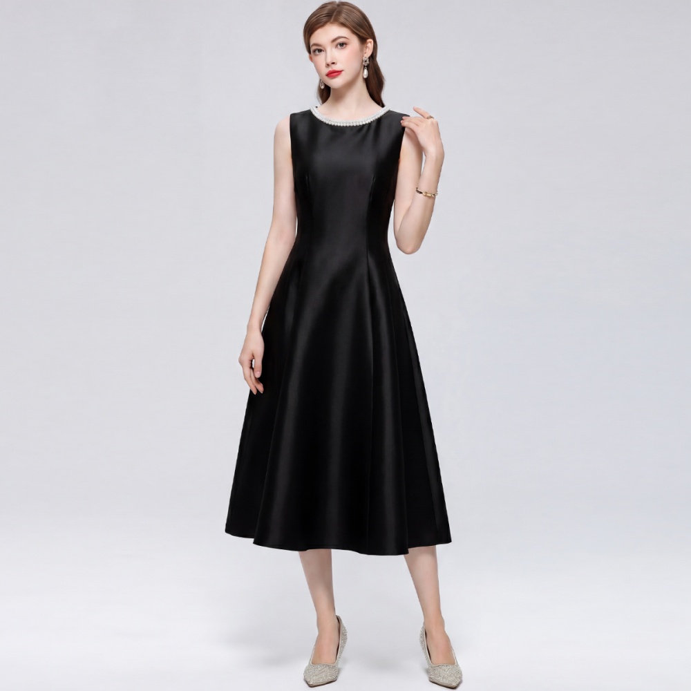 A-line high waist rhinestone slim satin simple dress
