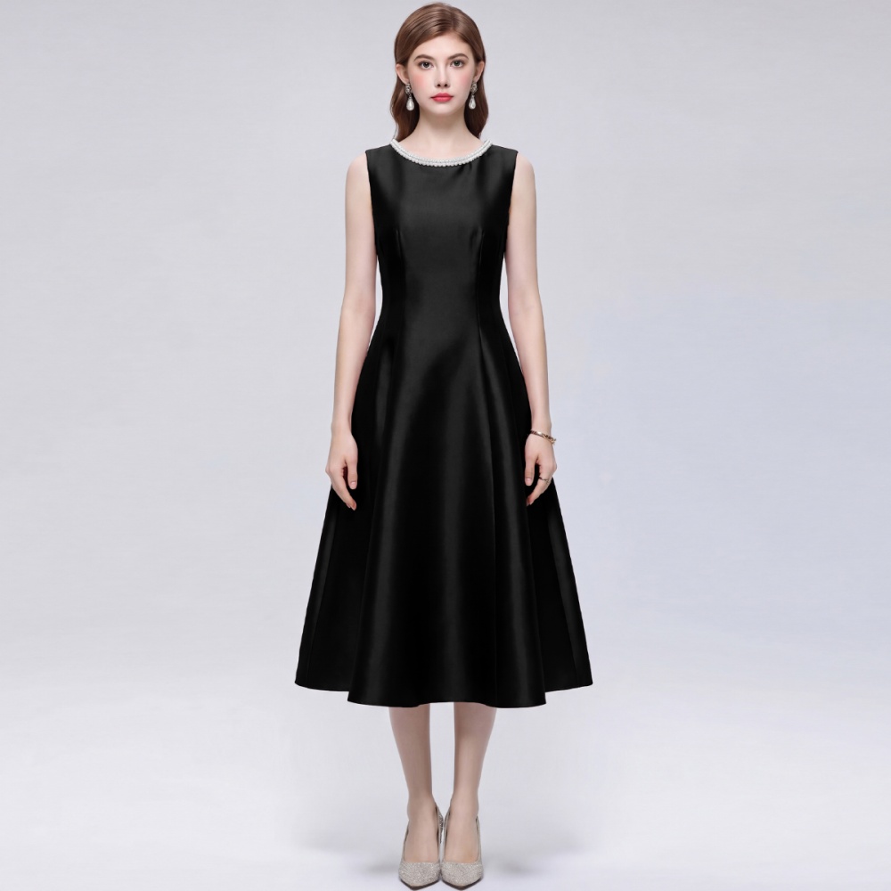 A-line high waist rhinestone slim satin simple dress