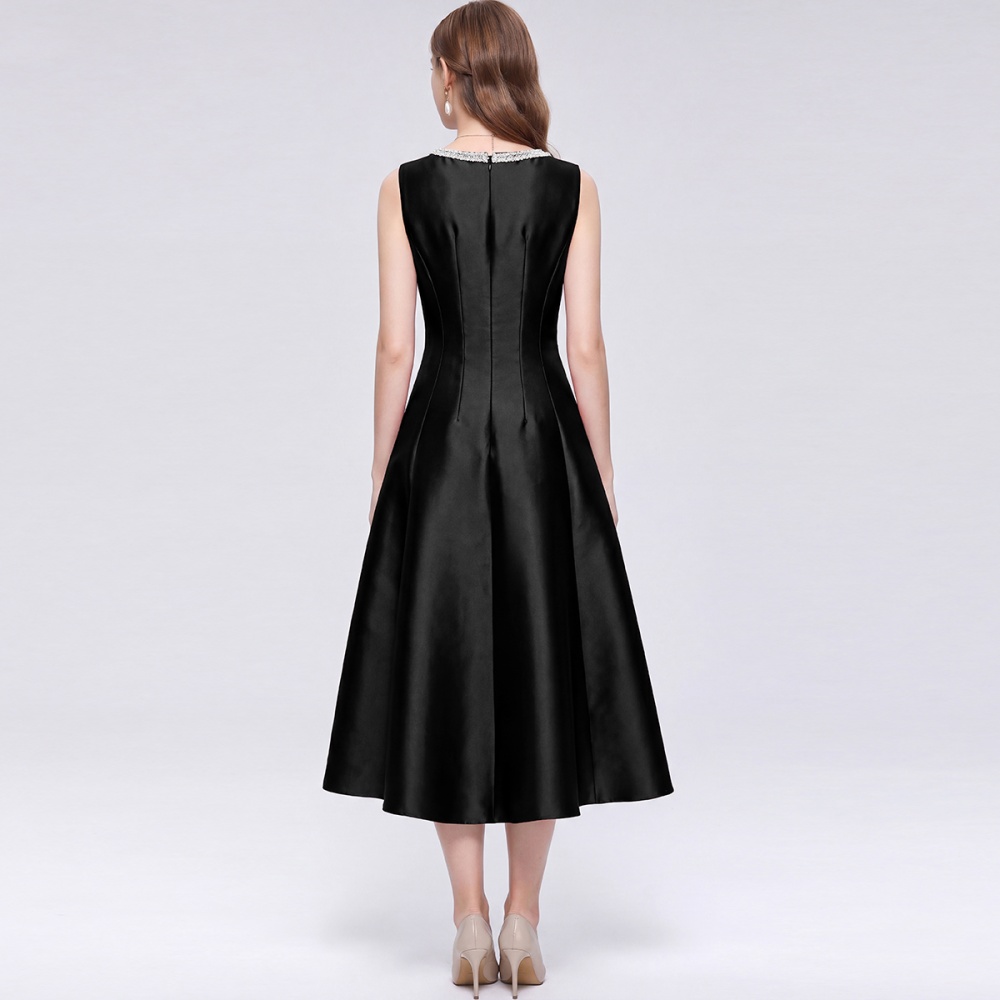 A-line high waist rhinestone slim satin simple dress