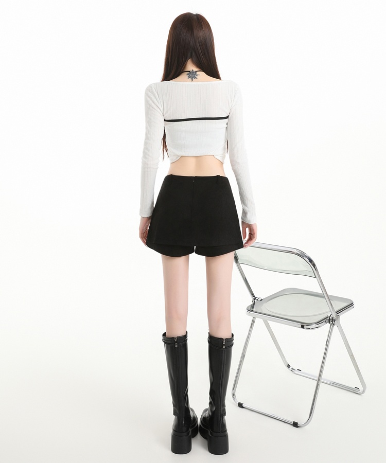 Retro autumn skirt leather cashmere high waist pants