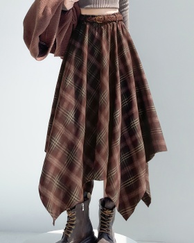 Slim retro long irregular plaid autumn skirt