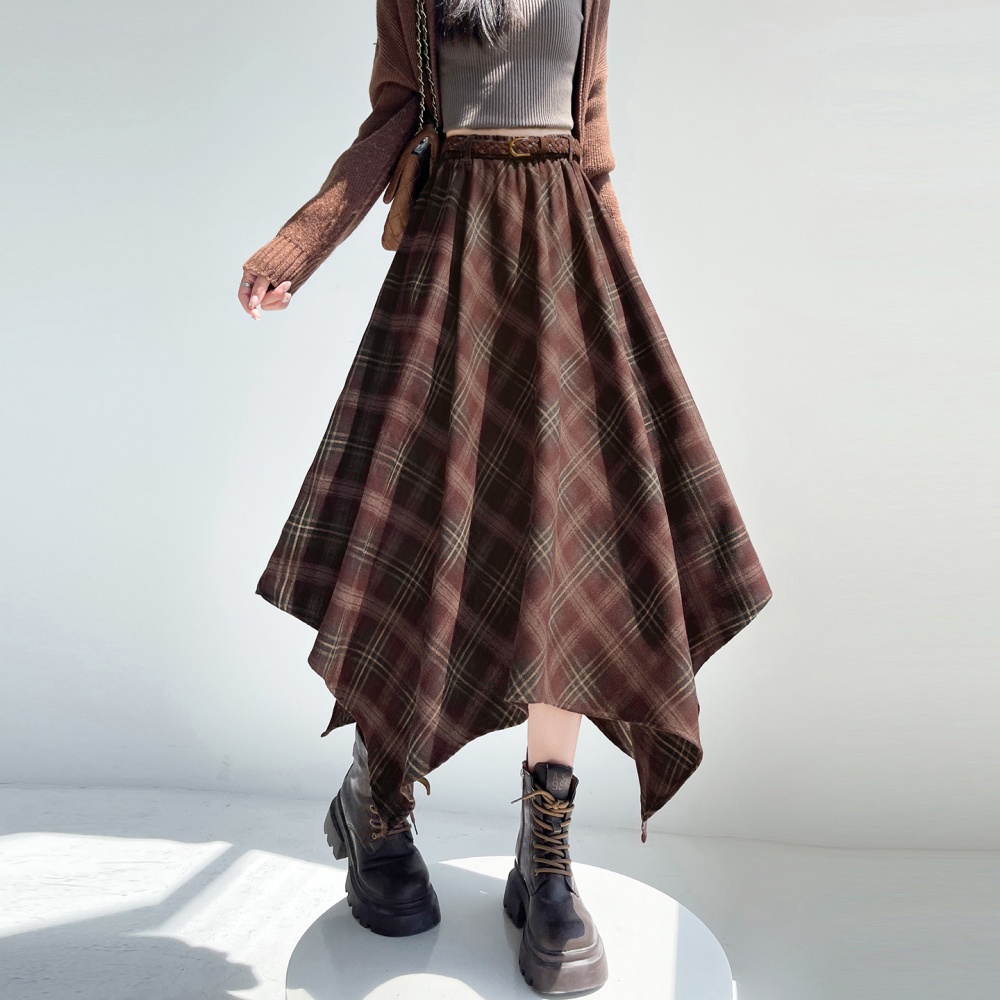 Slim retro long irregular plaid autumn skirt