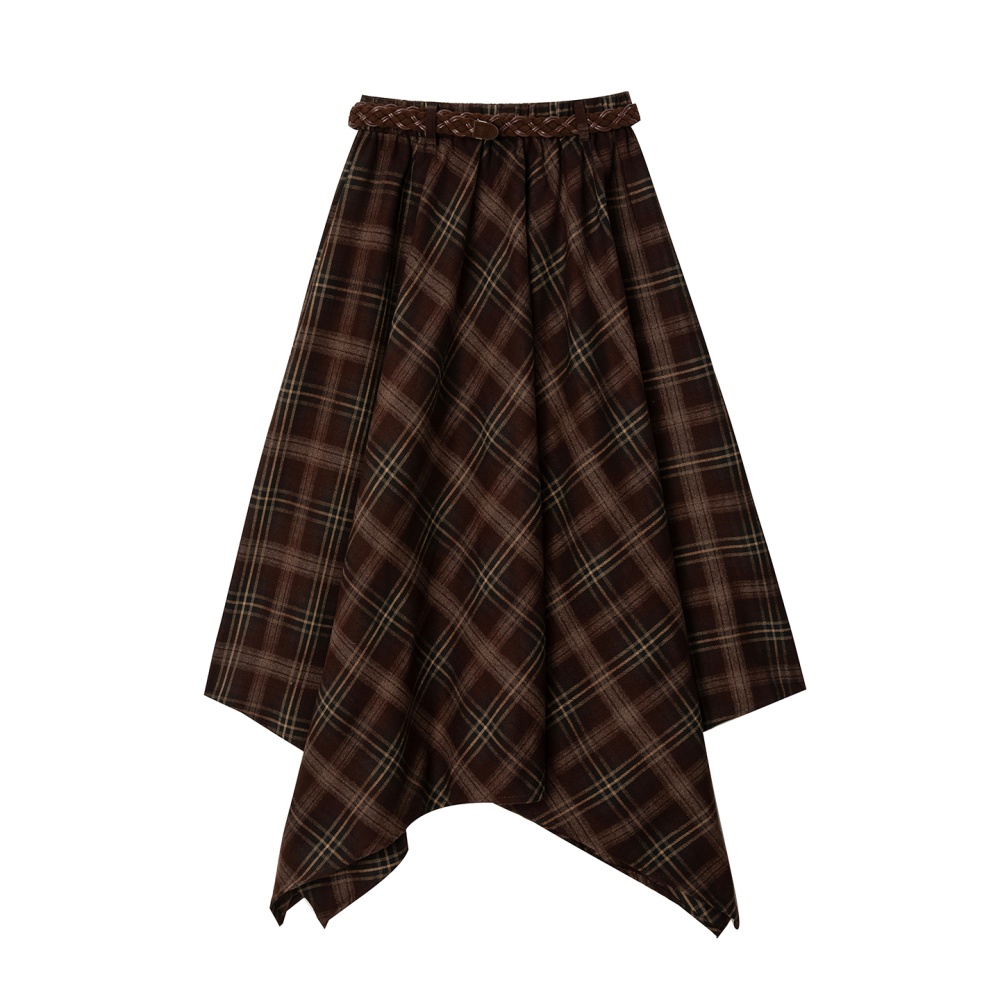 Slim retro long irregular plaid autumn skirt