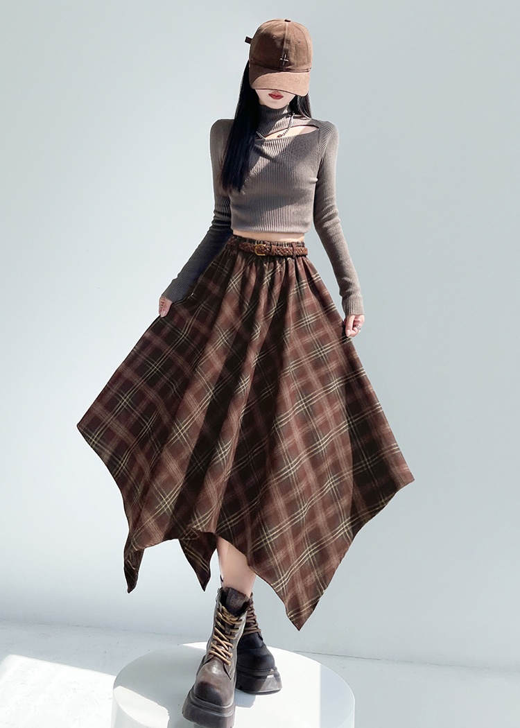 Slim retro long irregular plaid autumn skirt