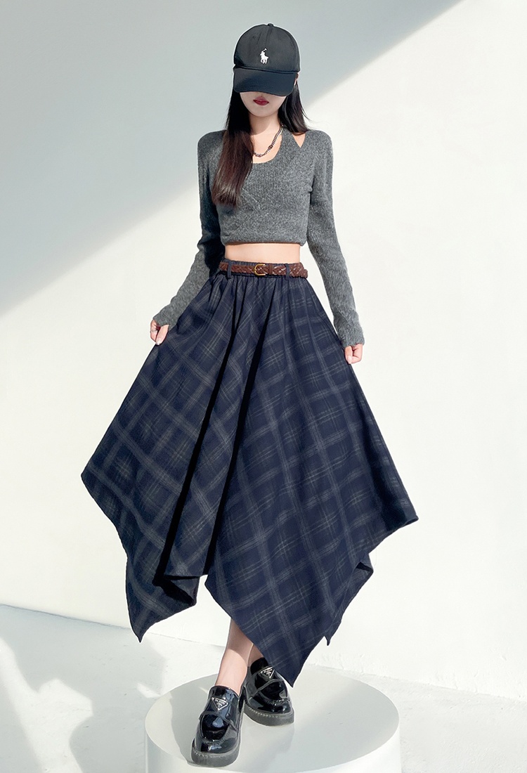Slim retro long irregular plaid autumn skirt