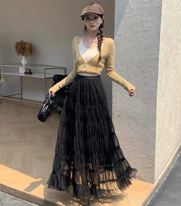 Loose A-line autumn thick and disorderly fold gauze skirt