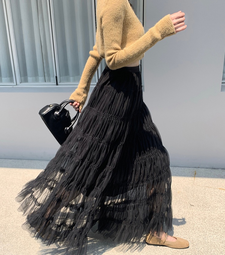 Loose A-line autumn thick and disorderly fold gauze skirt