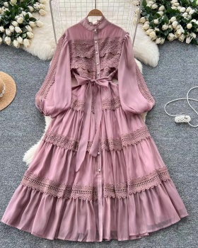 Retro crochet cstand collar hollow court style dress