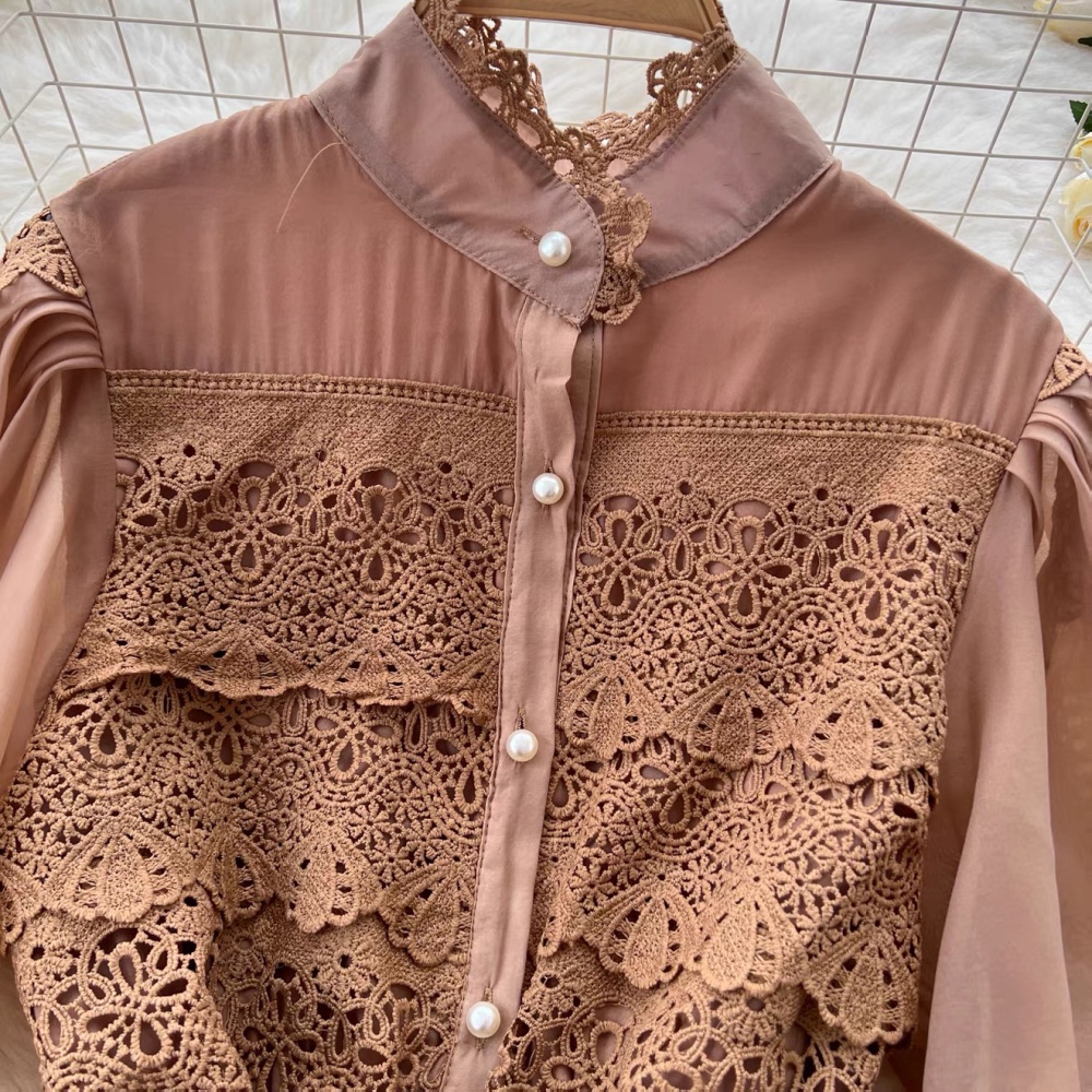 Retro crochet cstand collar hollow court style dress