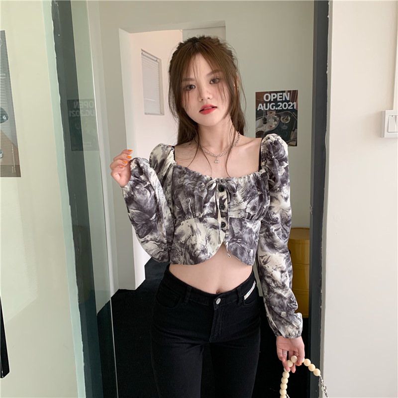 Square collar puff sleeve long sleeve tie dye shirt