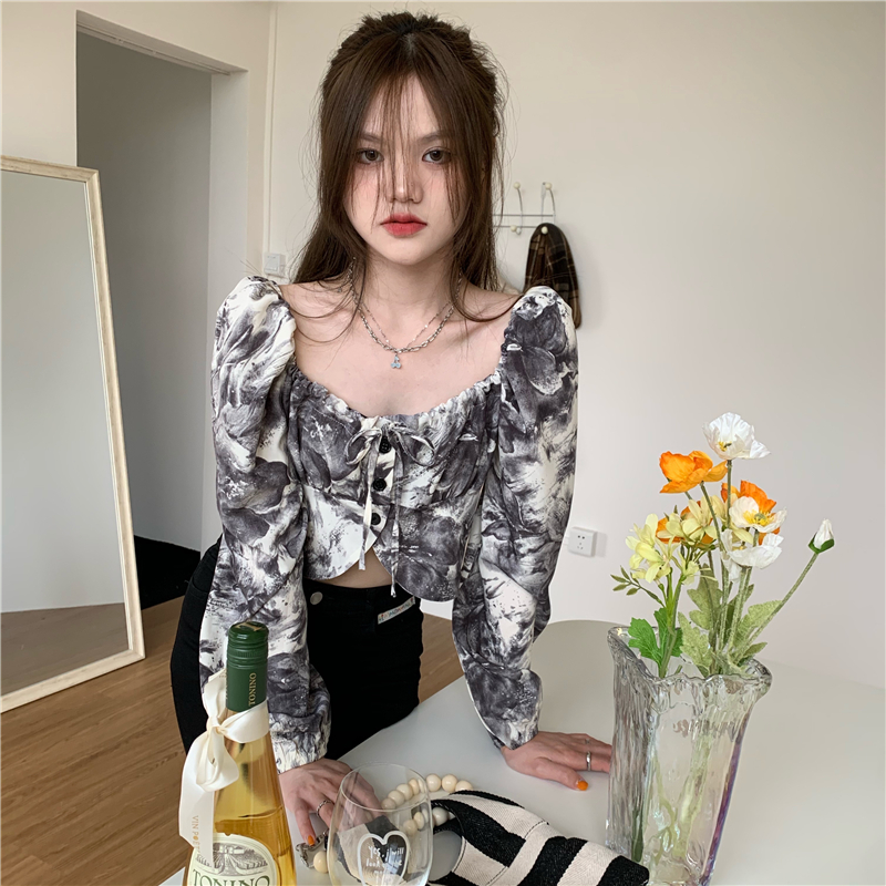Square collar puff sleeve long sleeve tie dye shirt