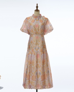 Printing elegant jumpsuit puff sleeve long dress