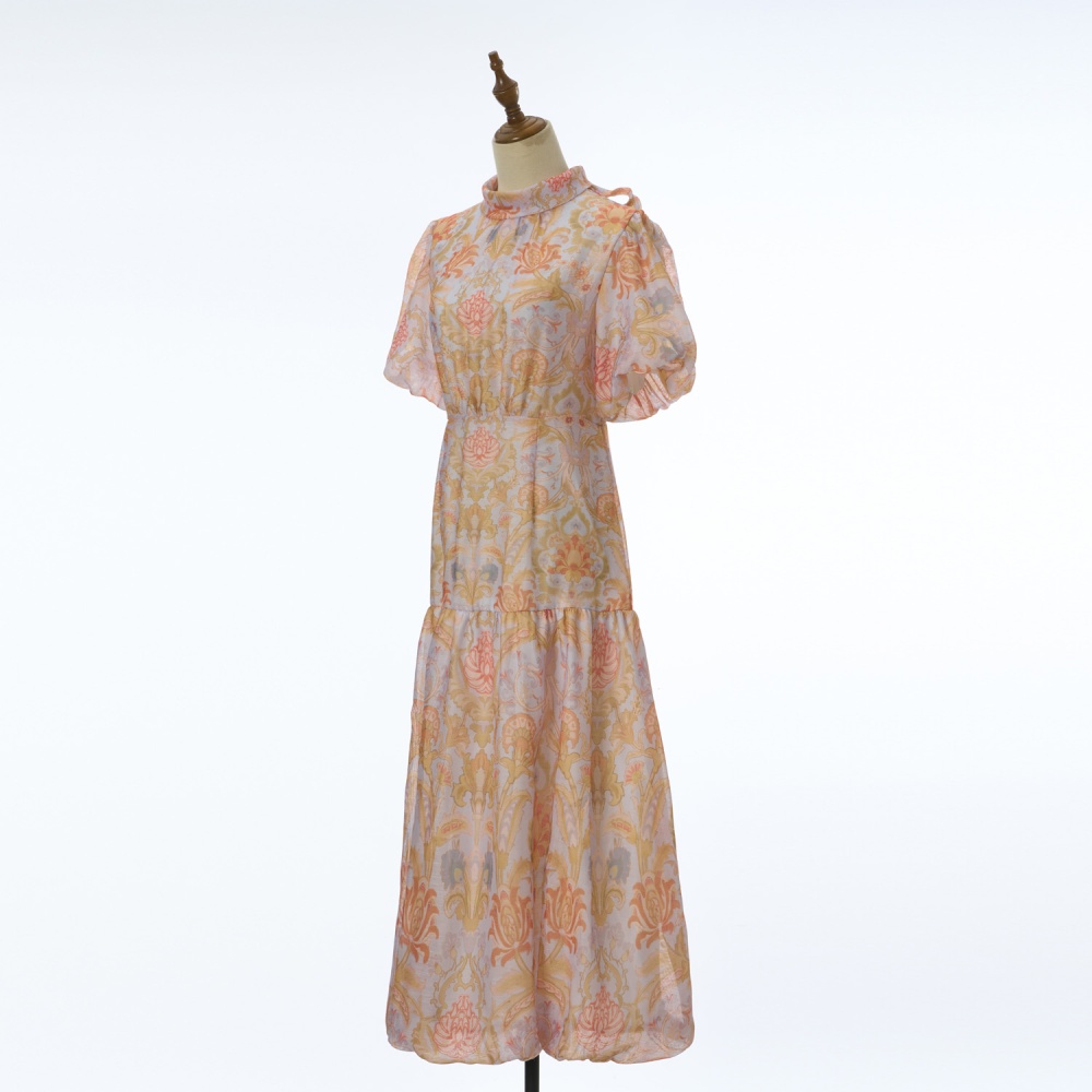 Printing elegant jumpsuit puff sleeve long dress