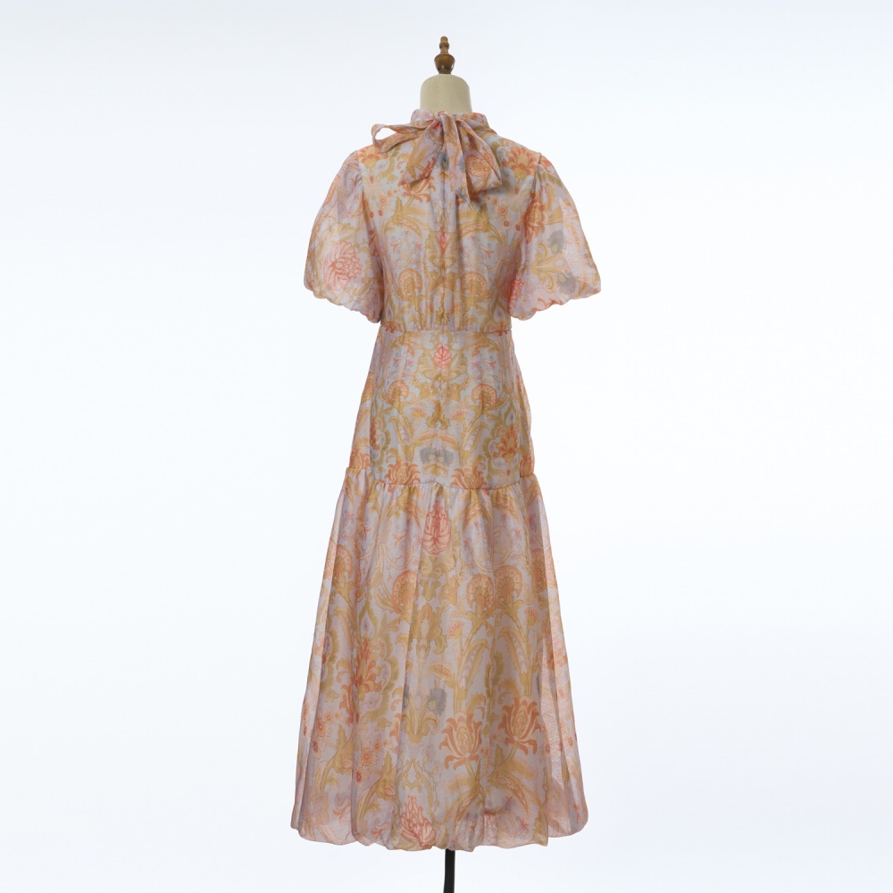 Printing elegant jumpsuit puff sleeve long dress