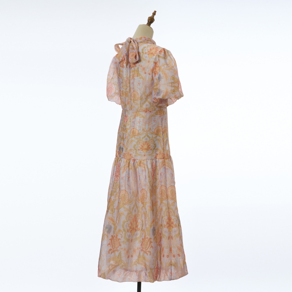 Printing elegant jumpsuit puff sleeve long dress