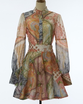 High waist printing tops long sleeve skirt a set