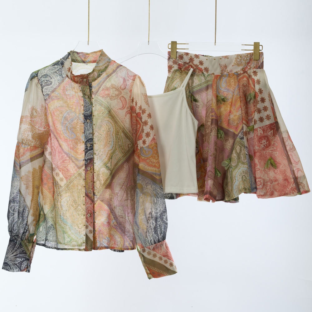 High waist printing tops long sleeve skirt a set