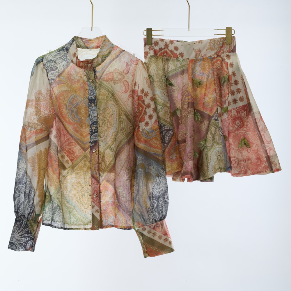 High waist printing tops long sleeve skirt a set
