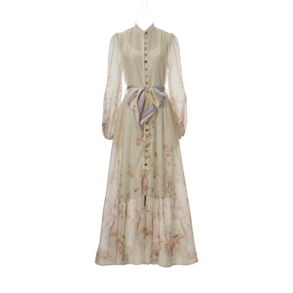 Printing big skirt long dress bandage buckle dress