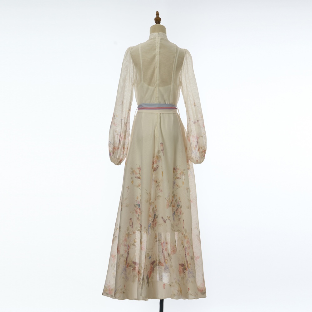 Printing big skirt long dress bandage buckle dress