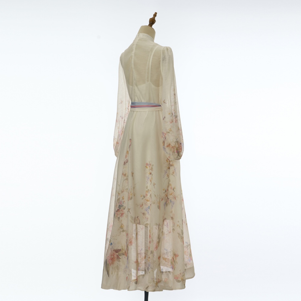 Printing big skirt long dress bandage buckle dress