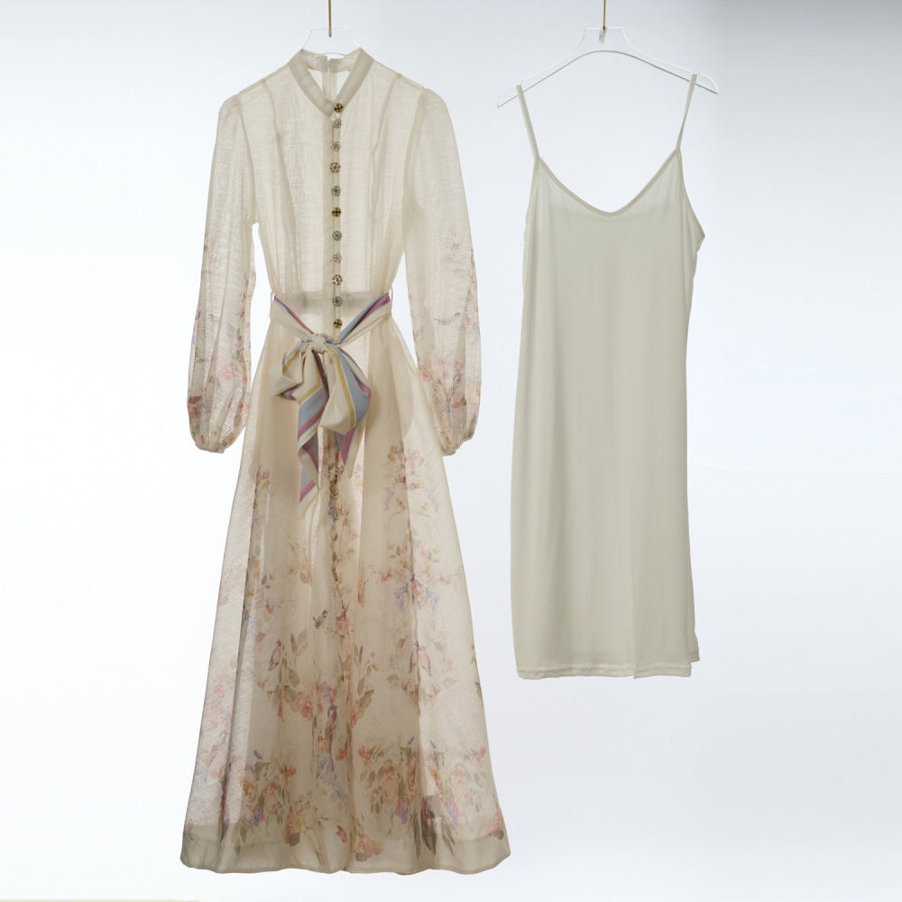 Printing big skirt long dress bandage buckle dress