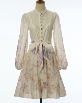 Bandage long sleeve dress big skirt lantern T-back