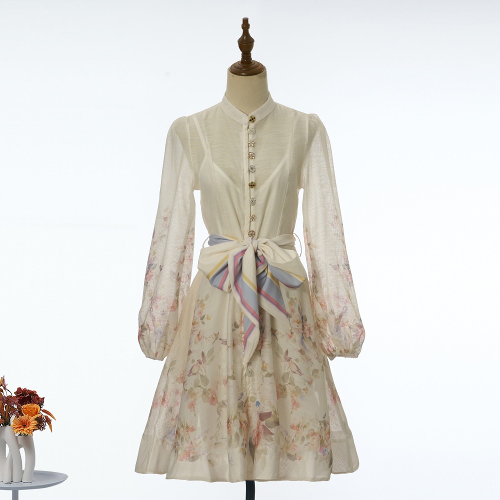 Bandage long sleeve dress big skirt lantern T-back