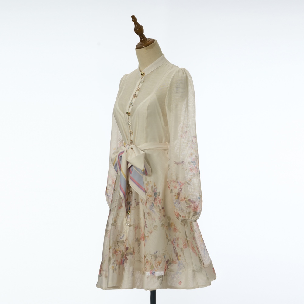 Bandage long sleeve dress big skirt lantern T-back