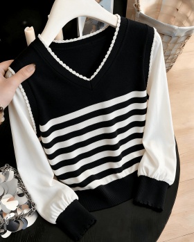 Stripe V-neck tops long sleeve autumn and winter sweater
