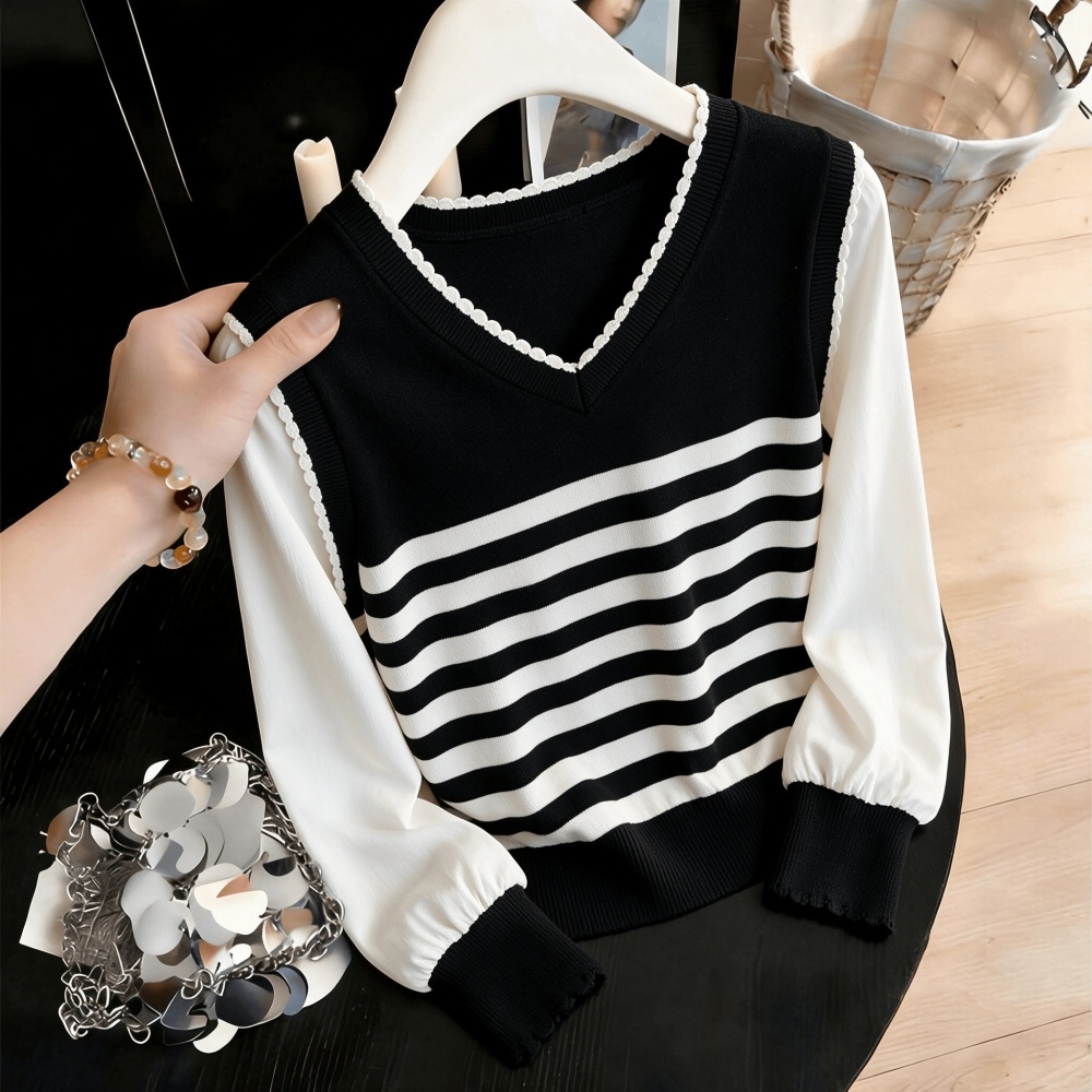 Stripe V-neck tops long sleeve autumn and winter sweater