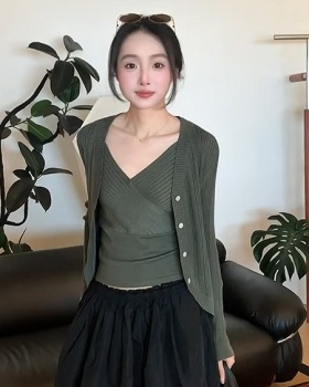 Green cross vest knitted tops 2pcs set