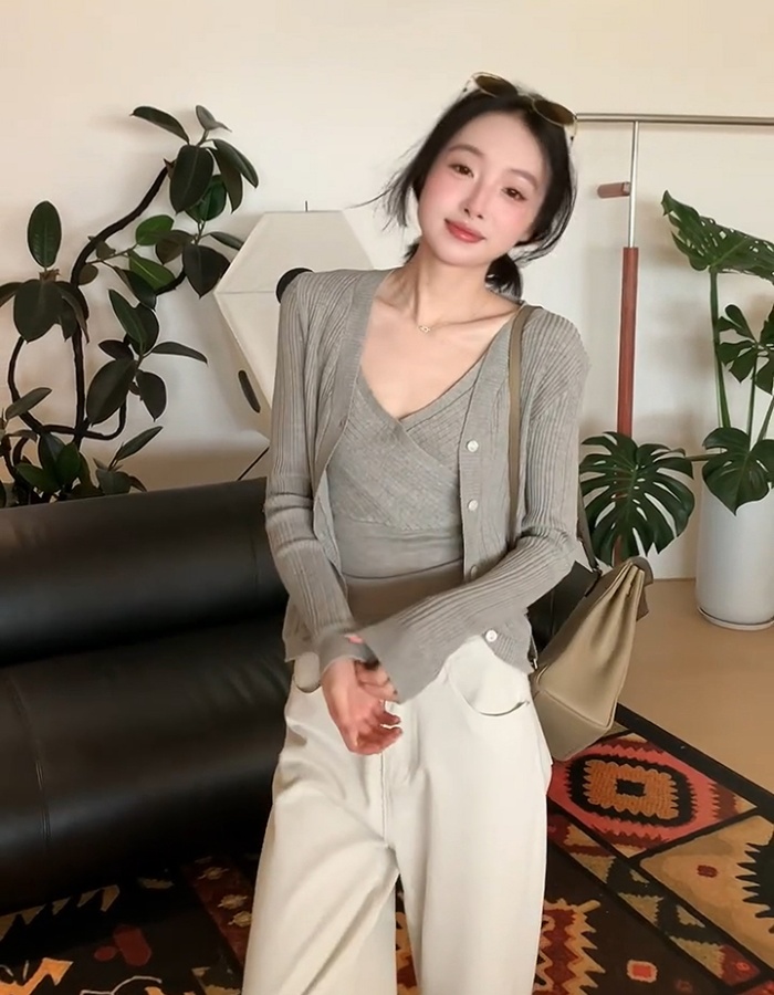 Green cross vest knitted tops 2pcs set