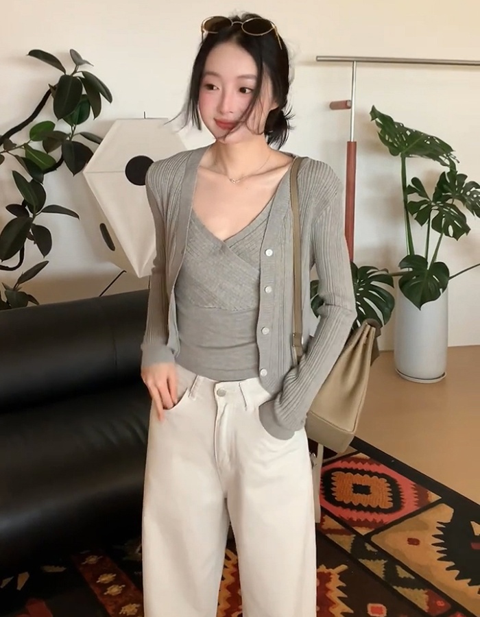 Green cross vest knitted tops 2pcs set
