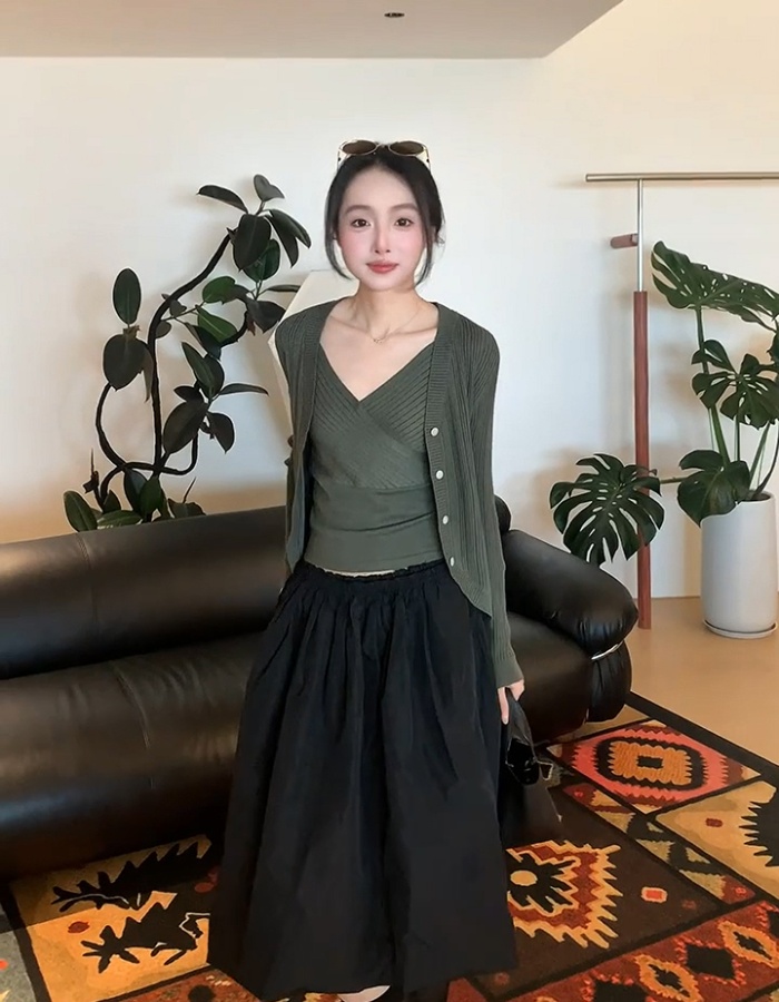 Green cross vest knitted tops 2pcs set