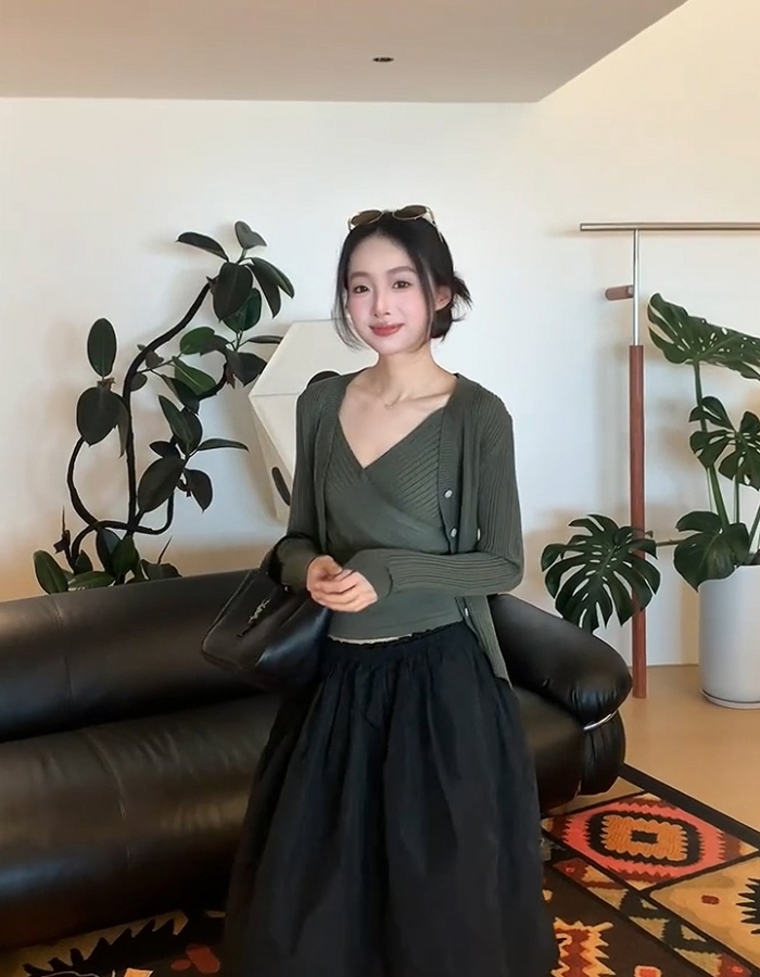 Green cross vest knitted tops 2pcs set